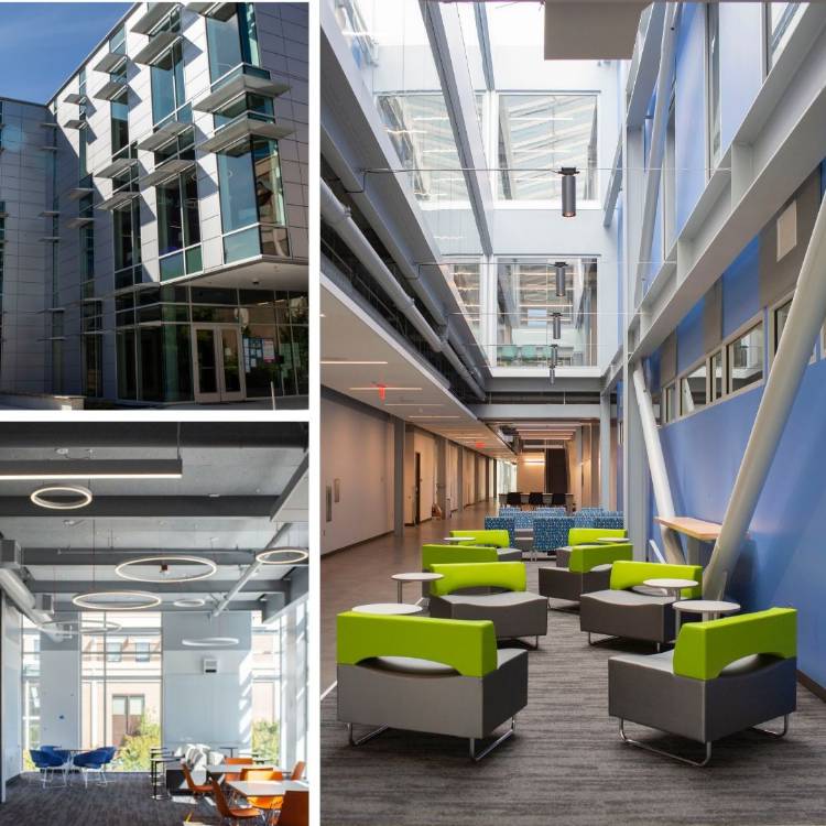 (clockwise from upper left) Hazel Miller Hall exterior; first floor atrium and active learning space; and third floor study area and active learning space